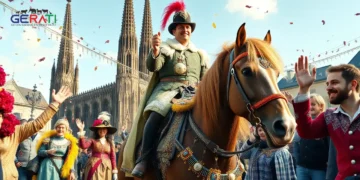 Reiter auf geschmücktem Pferd beim Kölner Karnevalsumzug vor jubelndem Publikum