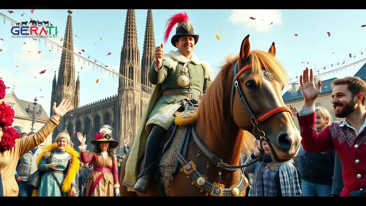 Reiter auf geschmücktem Pferd beim Kölner Karnevalsumzug vor jubelndem Publikum