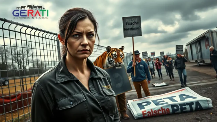 Eine Tiertrainerin steht vor einem Tigergehege, im Hintergrund demonstrieren Tierschützer – Symbolbild für den Streit um PETA-Vorwürfe.