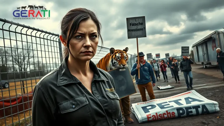 Eine Tiertrainerin steht vor einem Tigergehege, im Hintergrund demonstrieren Tierschützer – Symbolbild für den Streit um PETA-Vorwürfe.