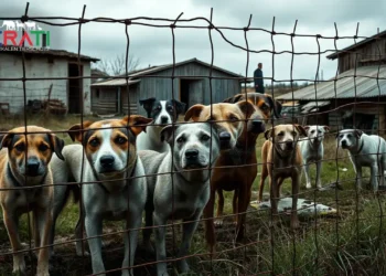 Hunde hinter einem rostigen Zaun in einem verfallenen Tierheim – Symbolbild für die Kritik an Einfach Tierschutz.