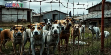 Hunde hinter einem rostigen Zaun in einem verfallenen Tierheim – Symbolbild für die Kritik an Einfach Tierschutz.