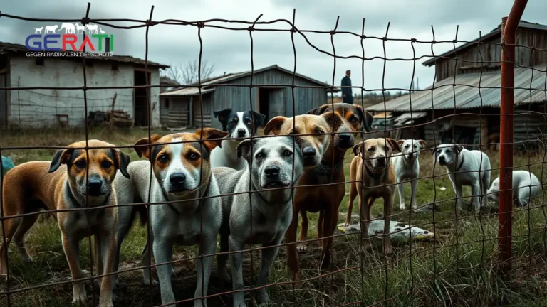 Hunde hinter einem rostigen Zaun in einem verfallenen Tierheim – Symbolbild für die Kritik an Einfach Tierschutz.