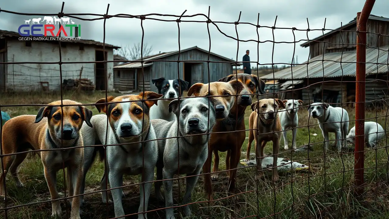 Hunde hinter einem rostigen Zaun in einem verfallenen Tierheim – Symbolbild für die Kritik an Einfach Tierschutz.