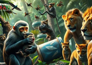 Ein fotorealistisches Dschungelbild zeigt tierisches Fehlverhalten – von Affenentführung über Diebstahl bis hin zu Brutparasitismus – als Symbol für Kriminalität in der Tierwelt.