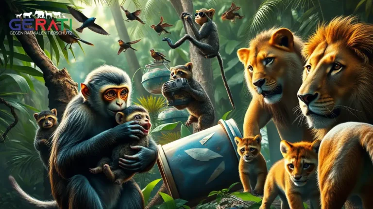 Ein fotorealistisches Dschungelbild zeigt tierisches Fehlverhalten – von Affenentführung über Diebstahl bis hin zu Brutparasitismus – als Symbol für Kriminalität in der Tierwelt.