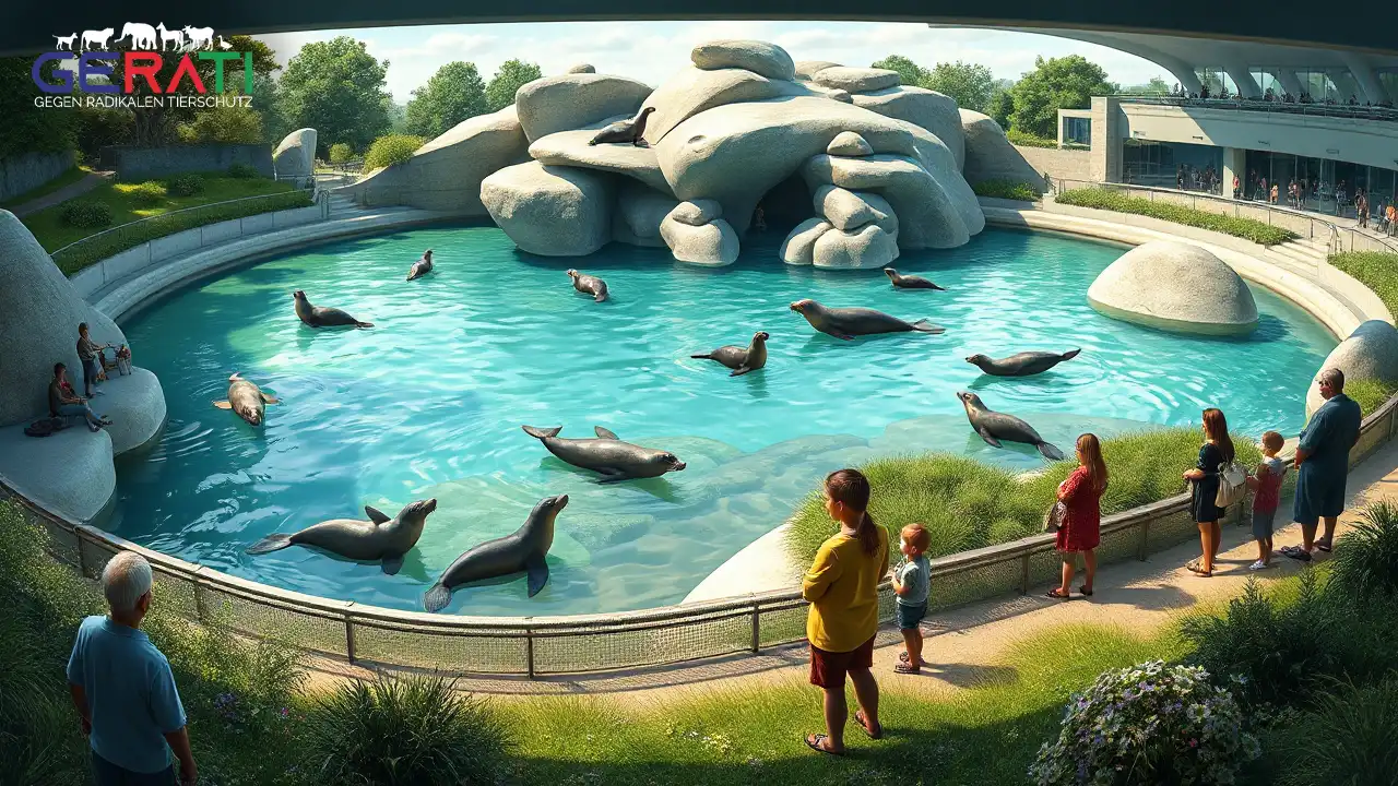 Modernes Robbenbecken im Zoo Dortmund mit schwimmenden Seelöwen und natürlicher Umgebung