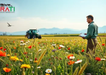 Bienen bestäuben Wildblumen auf einem nachhaltigen Acker mit Blick auf eine pestizidreduzierte Landwirtschaft.