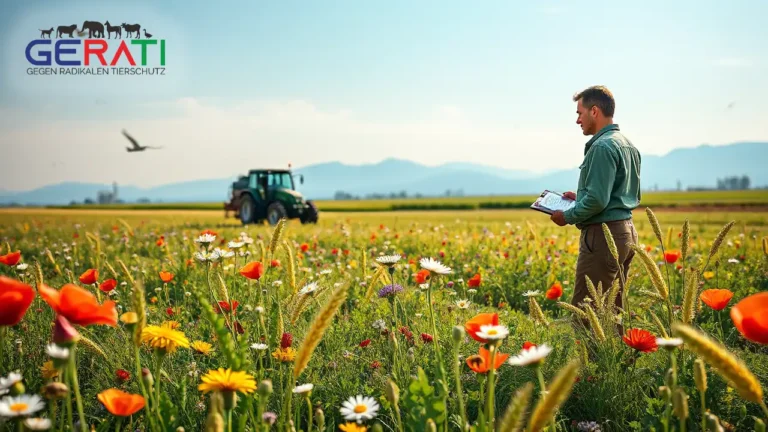 Bienen bestäuben Wildblumen auf einem nachhaltigen Acker mit Blick auf eine pestizidreduzierte Landwirtschaft.