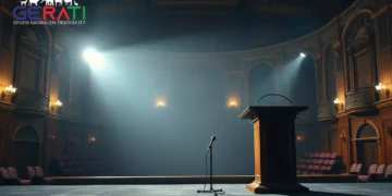 Leeres Podium in historischer Stadthalle als Symbol für den abgesagten Vortrag von Robert Marc Lehmann