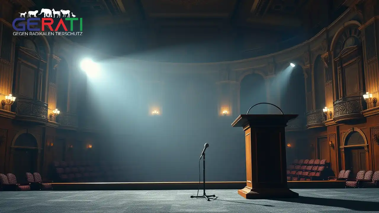Leeres Podium in historischer Stadthalle als Symbol für den abgesagten Vortrag von Robert Marc Lehmann