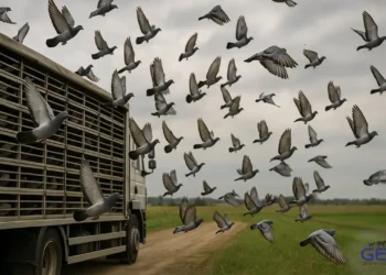 Ein Schwarm von über 3.000 Brieftauben steigt gleichzeitig aus hölzernen Transportkisten in den Himmel auf, während im Hintergrund die ländliche Umgebung von Schlüsselfeld mit sanften Hügeln und Feldern sichtbar ist – eine Momentaufnahme eines Taubenwettflugs inmitten chaotischer Flugbewegungen.