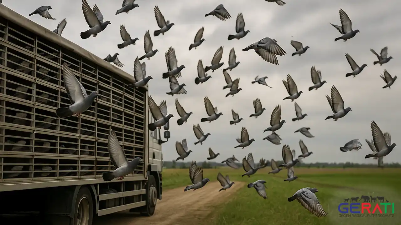 Ein Schwarm von über 3.000 Brieftauben steigt gleichzeitig aus hölzernen Transportkisten in den Himmel auf, während im Hintergrund die ländliche Umgebung von Schlüsselfeld mit sanften Hügeln und Feldern sichtbar ist – eine Momentaufnahme eines Taubenwettflugs inmitten chaotischer Flugbewegungen.