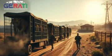 Konvoi von Transportfahrzeugen mit Käfigen, in denen Wildtiere wie Elefanten, Löwen und Tiger untergebracht sind, eskortiert von bewaffnetem Sicherheitspersonal auf einer staubigen Landstraße in Mexiko vor dem Hintergrund einer verlassenen Tierschutzstation.