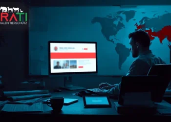 Journalist arbeitet spätabends an seinem Computer, während der Zugriff auf PETA-Inhalte blockiert ist.