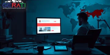 Journalist arbeitet spätabends an seinem Computer, während der Zugriff auf PETA-Inhalte blockiert ist.
