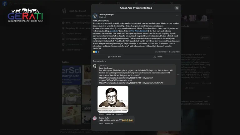 Screenshot eines Facebook-Posts des Great Ape Project mit Kommentar und rechtswidrig genutztem Bild von Silvio Harnos.