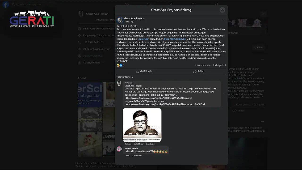 Screenshot eines Facebook-Posts des Great Ape Project mit Kommentar und rechtswidrig genutztem Bild von Silvio Harnos.