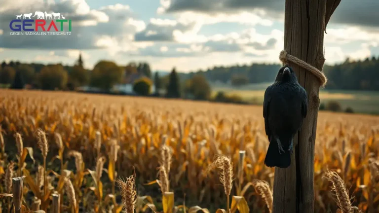 Ein Zaunpfahl mit einer toten Krähe in einem bayerischen Maisfeld – symbolisch für den Streit um Landwirtschaft und Tierschutz. Fokus: PETA Krähe Königsdorf.