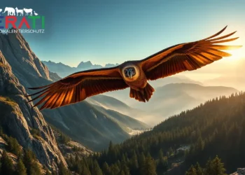 Darüber spricht PETA nicht: Die andere Seite der Bartgeier-Auswilderung 23 Ein Bartgeier schwebt majestätisch über der alpinen Landschaft des Nationalparks Berchtesgaden – eine Szene, die die erfolgreiche Bartgeier-Auswilderung inmitten von Felsen, Wäldern und schneebedeckten Gipfeln zeigt.