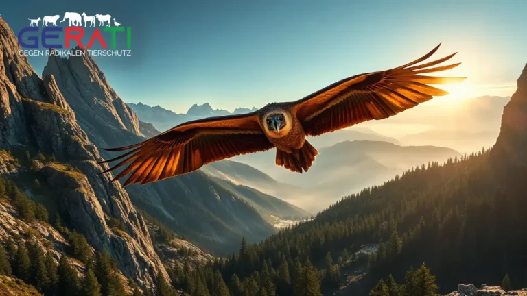 Ein Bartgeier schwebt majestätisch über der alpinen Landschaft des Nationalparks Berchtesgaden – eine Szene, die die erfolgreiche Bartgeier-Auswilderung inmitten von Felsen, Wäldern und schneebedeckten Gipfeln zeigt.