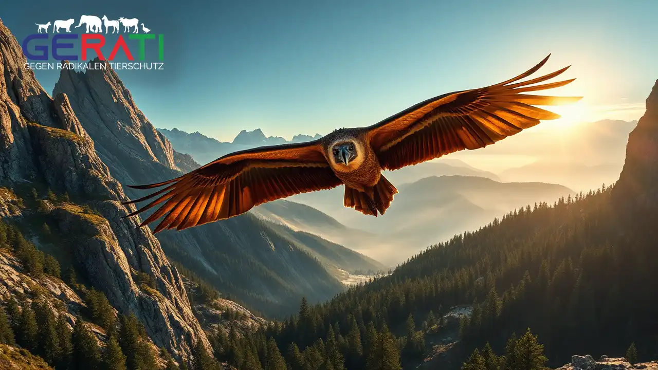 Ein Bartgeier schwebt majestätisch über der alpinen Landschaft des Nationalparks Berchtesgaden – eine Szene, die die erfolgreiche Bartgeier-Auswilderung inmitten von Felsen, Wäldern und schneebedeckten Gipfeln zeigt.