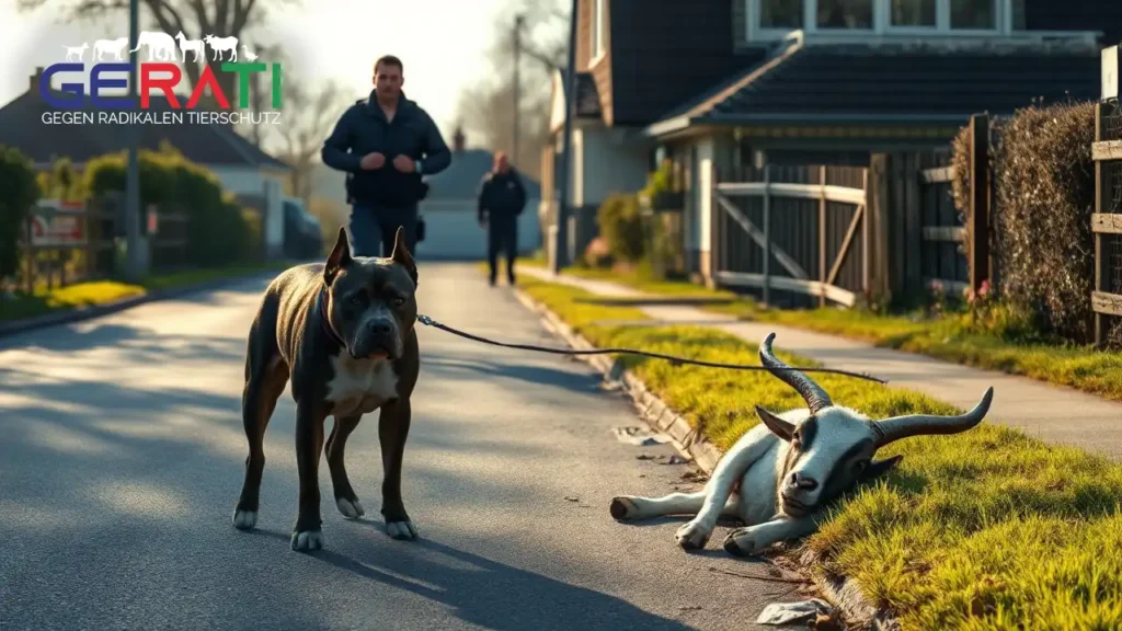 PETA fordert Hundeführerschein – Kritik am doppelten Maß 1 Ein freilaufender Hund steht auf einer Landstraße in Hemsbach, während Polizisten sich einer verletzten Ziege nähern und ein besorgter Halter hinzueilt – die Szene thematisiert die Debatte um den Hundeführerschein.