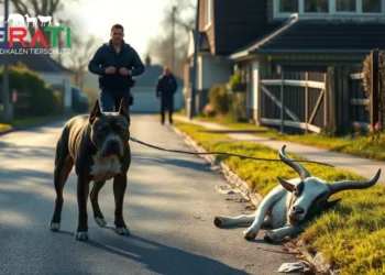 Ein freilaufender Hund steht auf einer Landstraße in Hemsbach, während Polizisten sich einer verletzten Ziege nähern und ein besorgter Halter hinzueilt – die Szene thematisiert die Debatte um den Hundeführerschein.