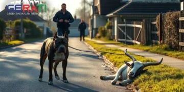Ein freilaufender Hund steht auf einer Landstraße in Hemsbach, während Polizisten sich einer verletzten Ziege nähern und ein besorgter Halter hinzueilt – die Szene thematisiert die Debatte um den Hundeführerschein.