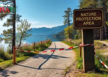 Ein gesperrter Uferweg am Staffelsee, markiert mit rot-weißem Absperrband und einem „Durchfahrt verboten“-Schild, als Sinnbild für die Zugangsbeschränkungen durch die FFH-Richtlinie.