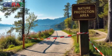 Ein gesperrter Uferweg am Staffelsee, markiert mit rot-weißem Absperrband und einem „Durchfahrt verboten“-Schild, als Sinnbild für die Zugangsbeschränkungen durch die FFH-Richtlinie.