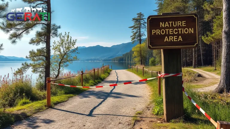 Ein gesperrter Uferweg am Staffelsee, markiert mit rot-weißem Absperrband und einem „Durchfahrt verboten“-Schild, als Sinnbild für die Zugangsbeschränkungen durch die FFH-Richtlinie.
