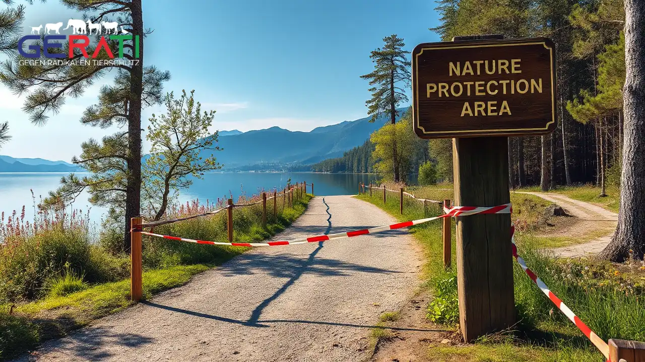 Ein gesperrter Uferweg am Staffelsee, markiert mit rot-weißem Absperrband und einem „Durchfahrt verboten“-Schild, als Sinnbild für die Zugangsbeschränkungen durch die FFH-Richtlinie.