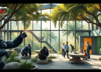 Populationsmanagement im Tiergarten Nürnberg 41 Das Bild zeigt eine fotorealistische Darstellung eines Zoos, der die Themen Populationsmanagement, Artenschutz und ethische Herausforderungen betont. Im Vordergrund sind geräumige, naturnahe Gehege mit verschiedenen Tieren wie Gorillas und Orang-Utans zu sehen. Zoo-Mitarbeiter, darunter Biologen und Tierärzte, kümmern sich aktiv um die Tiere und informieren Besucher über ihre Arbeit. Üppiges Grün und moderne Einrichtungen unterstreichen das Engagement für Naturschutz und Bildung. Die Atmosphäre vermittelt Hoffnung, Lernen und Verantwortung, indem sie Zoos als Zentren des Artenschutzes und ihrer Herausforderungen präsentiert.