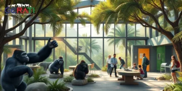 Populationsmanagement im Tiergarten Nürnberg 21 Das Bild zeigt eine fotorealistische Darstellung eines Zoos, der die Themen Populationsmanagement, Artenschutz und ethische Herausforderungen betont. Im Vordergrund sind geräumige, naturnahe Gehege mit verschiedenen Tieren wie Gorillas und Orang-Utans zu sehen. Zoo-Mitarbeiter, darunter Biologen und Tierärzte, kümmern sich aktiv um die Tiere und informieren Besucher über ihre Arbeit. Üppiges Grün und moderne Einrichtungen unterstreichen das Engagement für Naturschutz und Bildung. Die Atmosphäre vermittelt Hoffnung, Lernen und Verantwortung, indem sie Zoos als Zentren des Artenschutzes und ihrer Herausforderungen präsentiert.