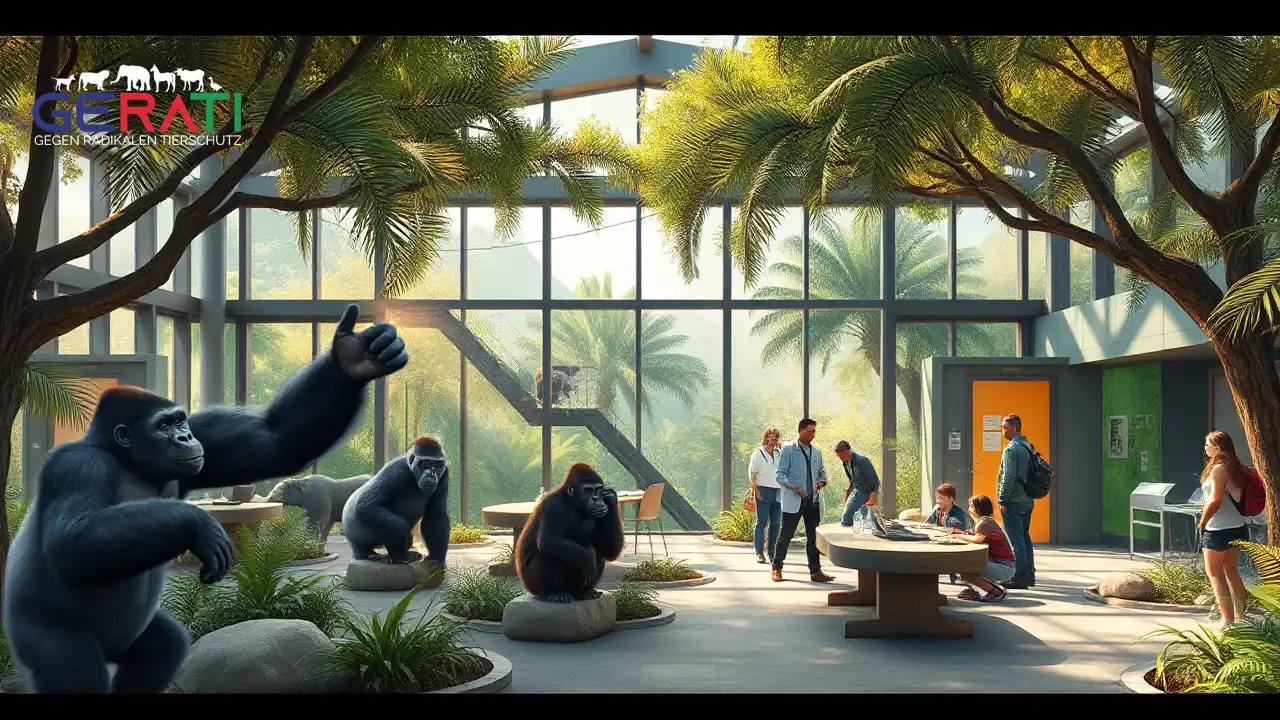 Das Bild zeigt eine fotorealistische Darstellung eines Zoos, der die Themen Populationsmanagement, Artenschutz und ethische Herausforderungen betont. Im Vordergrund sind geräumige, naturnahe Gehege mit verschiedenen Tieren wie Gorillas und Orang-Utans zu sehen. Zoo-Mitarbeiter, darunter Biologen und Tierärzte, kümmern sich aktiv um die Tiere und informieren Besucher über ihre Arbeit. Üppiges Grün und moderne Einrichtungen unterstreichen das Engagement für Naturschutz und Bildung. Die Atmosphäre vermittelt Hoffnung, Lernen und Verantwortung, indem sie Zoos als Zentren des Artenschutzes und ihrer Herausforderungen präsentiert.
