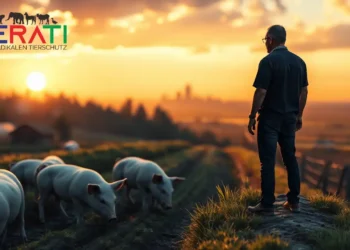 55 Das Titelbild zeigt eine lebendige, fotorealistische Szene mit zwei gegensätzlichen Perspektiven: Auf der einen Seite sieht man einen friedlichen, ländlichen Bauernhof, auf dem Schweine zufrieden unter einem warmen, goldenen Sonnenuntergang weiden, was die harmonische und fürsorgliche Sichtweise der Landwirte symbolisiert. Auf der anderen Seite ist eine subtile, schattige Silhouette eines Tierrechtsaktivisten am Rand des Hofes zu erkennen, der aufmerksam das Tierwohl überwacht. Im Hintergrund deutet eine verschwommene Stadtsilhouette auf den Einfluss der Medien und gesellschaftliche Debatten hin. Das Bild thematisiert die Spannung und die Notwendigkeit des Dialogs rund um Stalleinbrüche, wobei Natur und menschliche Elemente miteinander verflochten sind und Gleichgewicht sowie Verständnis betont werden.