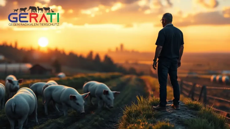 Das Titelbild zeigt eine lebendige, fotorealistische Szene mit zwei gegensätzlichen Perspektiven: Auf der einen Seite sieht man einen friedlichen, ländlichen Bauernhof, auf dem Schweine zufrieden unter einem warmen, goldenen Sonnenuntergang weiden, was die harmonische und fürsorgliche Sichtweise der Landwirte symbolisiert. Auf der anderen Seite ist eine subtile, schattige Silhouette eines Tierrechtsaktivisten am Rand des Hofes zu erkennen, der aufmerksam das Tierwohl überwacht. Im Hintergrund deutet eine verschwommene Stadtsilhouette auf den Einfluss der Medien und gesellschaftliche Debatten hin. Das Bild thematisiert die Spannung und die Notwendigkeit des Dialogs rund um Stalleinbrüche, wobei Natur und menschliche Elemente miteinander verflochten sind und Gleichgewicht sowie Verständnis betont werden.