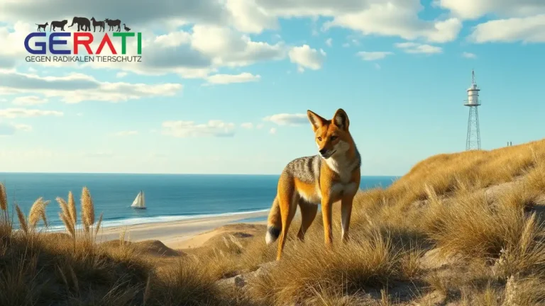 Ein fotorealistisches Bild zeigt die friedliche und malerische Landschaft der Nordseeinsel Sylt. Im Vordergrund erkundet ein neugieriger und abenteuerlustiger Goldschakal seine neue Umgebung, eingebettet in die Küstendünen und Graslandschaften. Der weite, offene Ozean erstreckt sich bis zum Horizont unter einem teils bewölkten Himmel. Das Bild vermittelt ein Gefühl von Staunen und Neugier, das die unerwartete Reise des Schakals widerspiegelt. Im Hintergrund sind subtile Hinweise auf menschliche Anwesenheit zu erkennen, wie entfernte Segelboote oder die Silhouette eines Leuchtturms, die den Kontrast zwischen Natur und Zivilisation betonen.