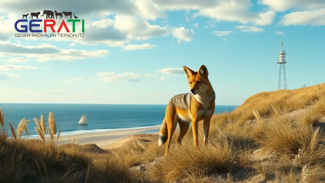 Ein fotorealistisches Bild zeigt die friedliche und malerische Landschaft der Nordseeinsel Sylt. Im Vordergrund erkundet ein neugieriger und abenteuerlustiger Goldschakal seine neue Umgebung, eingebettet in die Küstendünen und Graslandschaften. Der weite, offene Ozean erstreckt sich bis zum Horizont unter einem teils bewölkten Himmel. Das Bild vermittelt ein Gefühl von Staunen und Neugier, das die unerwartete Reise des Schakals widerspiegelt. Im Hintergrund sind subtile Hinweise auf menschliche Anwesenheit zu erkennen, wie entfernte Segelboote oder die Silhouette eines Leuchtturms, die den Kontrast zwischen Natur und Zivilisation betonen.