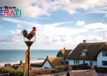 Ein idyllisches Küstendorf auf der Insel Borkum: Im Vordergrund steht ein traditioneller Maibaum, geschmückt mit bunten Bändern. Auf der Spitze sitzt ein Hahn in einem speziell gestalteten Schutzkäfig, der die lokale Tradition symbolisiert und gleichzeitig den Tierschutz betont. Im Hintergrund sind malerische Häuschen mit Reetdächern zu sehen, und am Horizont erstrecken sich die sanften Wellen der Nordsee unter einem teils bewölkten, friedlichen Himmel. Die Szene zeigt das harmonische Zusammenspiel von kulturellem Erbe und Natur.