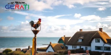 Ein idyllisches Küstendorf auf der Insel Borkum: Im Vordergrund steht ein traditioneller Maibaum, geschmückt mit bunten Bändern. Auf der Spitze sitzt ein Hahn in einem speziell gestalteten Schutzkäfig, der die lokale Tradition symbolisiert und gleichzeitig den Tierschutz betont. Im Hintergrund sind malerische Häuschen mit Reetdächern zu sehen, und am Horizont erstrecken sich die sanften Wellen der Nordsee unter einem teils bewölkten, friedlichen Himmel. Die Szene zeigt das harmonische Zusammenspiel von kulturellem Erbe und Natur.