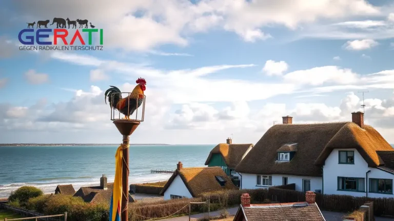 Ein idyllisches Küstendorf auf der Insel Borkum: Im Vordergrund steht ein traditioneller Maibaum, geschmückt mit bunten Bändern. Auf der Spitze sitzt ein Hahn in einem speziell gestalteten Schutzkäfig, der die lokale Tradition symbolisiert und gleichzeitig den Tierschutz betont. Im Hintergrund sind malerische Häuschen mit Reetdächern zu sehen, und am Horizont erstrecken sich die sanften Wellen der Nordsee unter einem teils bewölkten, friedlichen Himmel. Die Szene zeigt das harmonische Zusammenspiel von kulturellem Erbe und Natur.