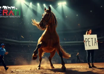 In einer großen, schwach beleuchteten Arena steht ein majestätisches Pferd im Mittelpunkt, das mitten in einer dramatischen und intensiven Darbietung eingefangen ist. Seine Muskeln sind angespannt und es bewegt sich mit fokussierter Intensität unter den Lichtern der Arena. Im Hintergrund ist Unruhe spürbar, das Publikum wirkt besorgt und chaotisch. Am Rand der Szene wird eine entschlossene Tierrechtsaktivistin sanft von Sicherheitskräften abgeführt. Die Atmosphäre vermittelt Spannung und Dringlichkeit und thematisiert den Kontrast zwischen Protest und Aufführung, zwischen Tierrechten und Unterhaltung in einem modernen Indoor-Arena-Setting.