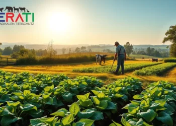 Ein fotorealistisches Bild zeigt einen idyllischen Bio-Bauernhof in Niedersachsen, Deutschland. Im Vordergrund pflegt ein Landwirt sorgfältig eine Vielfalt an blühenden Feldfrüchten, die nachhaltige Anbaumethoden repräsentieren. Im Hintergrund weiden Kühe und Hühner zufrieden auf weiträumigen, gepflegten Weiden, was auf das Wohl der Tiere hinweist. Der Himmel ist klar und blau, während warmes, goldenes Sonnenlicht die Landschaft in ein friedliches Licht taucht. Das Bild vermittelt eine harmonische und optimistische Stimmung und unterstreicht die Synergie zwischen Natur und ökologischer Landwirtschaft.