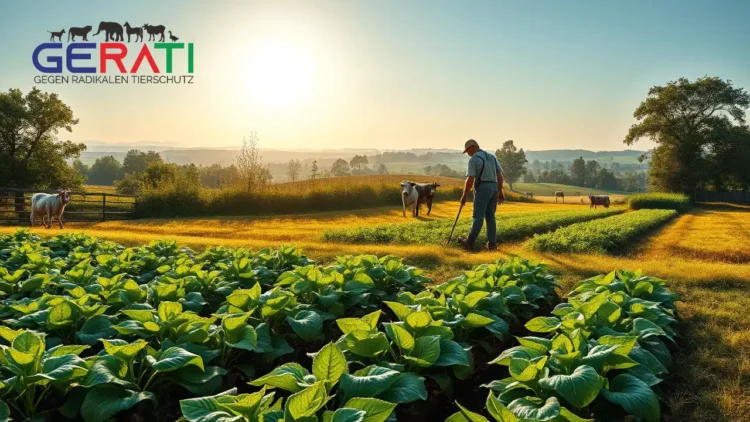 Ein fotorealistisches Bild zeigt einen idyllischen Bio-Bauernhof in Niedersachsen, Deutschland. Im Vordergrund pflegt ein Landwirt sorgfältig eine Vielfalt an blühenden Feldfrüchten, die nachhaltige Anbaumethoden repräsentieren. Im Hintergrund weiden Kühe und Hühner zufrieden auf weiträumigen, gepflegten Weiden, was auf das Wohl der Tiere hinweist. Der Himmel ist klar und blau, während warmes, goldenes Sonnenlicht die Landschaft in ein friedliches Licht taucht. Das Bild vermittelt eine harmonische und optimistische Stimmung und unterstreicht die Synergie zwischen Natur und ökologischer Landwirtschaft.