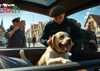 Alternativtext: In diesem fotorealistischen Bild wird eine dramatische Hunderettung aus einem überhitzten Auto an einem sonnigen Tag in Sachsen dargestellt. Eine Gruppe besorgter Passanten und Polizisten ist zu sehen, die schnell handeln, um den Hund zu retten. Das Auto steht in direktem Sonnenlicht, und die flimmernde Hitze ist sichtbar. Der Hund wirkt sichtlich gestresst, hechelt stark und zeigt Anzeichen von Dehydrierung. Die Polizei öffnet gerade das Auto, während ein Polizist den Kopf des Hundes sanft hält, um erste Hilfe zu leisten. Im Hintergrund sind die belebten Straßen einer sächsischen Stadt mit alten Gebäuden und einem klaren blauen Himmel zu sehen, was den Kontrast zwischen der Schönheit des Tages und der Ernsthaftigkeit der Situation betont. Das Bild vermittelt eine eindringliche Botschaft über die Gefahren, Tiere in heißen Autos zu lassen, und die Wichtigkeit von Wachsamkeit und schnellem Handeln in der Gemeinschaft.