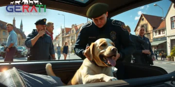 Alternativtext: In diesem fotorealistischen Bild wird eine dramatische Hunderettung aus einem überhitzten Auto an einem sonnigen Tag in Sachsen dargestellt. Eine Gruppe besorgter Passanten und Polizisten ist zu sehen, die schnell handeln, um den Hund zu retten. Das Auto steht in direktem Sonnenlicht, und die flimmernde Hitze ist sichtbar. Der Hund wirkt sichtlich gestresst, hechelt stark und zeigt Anzeichen von Dehydrierung. Die Polizei öffnet gerade das Auto, während ein Polizist den Kopf des Hundes sanft hält, um erste Hilfe zu leisten. Im Hintergrund sind die belebten Straßen einer sächsischen Stadt mit alten Gebäuden und einem klaren blauen Himmel zu sehen, was den Kontrast zwischen der Schönheit des Tages und der Ernsthaftigkeit der Situation betont. Das Bild vermittelt eine eindringliche Botschaft über die Gefahren, Tiere in heißen Autos zu lassen, und die Wichtigkeit von Wachsamkeit und schnellem Handeln in der Gemeinschaft.