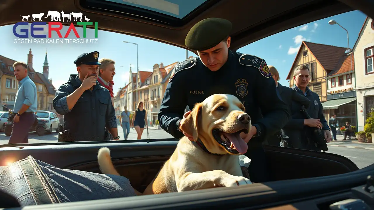 Alternativtext: In diesem fotorealistischen Bild wird eine dramatische Hunderettung aus einem überhitzten Auto an einem sonnigen Tag in Sachsen dargestellt. Eine Gruppe besorgter Passanten und Polizisten ist zu sehen, die schnell handeln, um den Hund zu retten. Das Auto steht in direktem Sonnenlicht, und die flimmernde Hitze ist sichtbar. Der Hund wirkt sichtlich gestresst, hechelt stark und zeigt Anzeichen von Dehydrierung. Die Polizei öffnet gerade das Auto, während ein Polizist den Kopf des Hundes sanft hält, um erste Hilfe zu leisten. Im Hintergrund sind die belebten Straßen einer sächsischen Stadt mit alten Gebäuden und einem klaren blauen Himmel zu sehen, was den Kontrast zwischen der Schönheit des Tages und der Ernsthaftigkeit der Situation betont. Das Bild vermittelt eine eindringliche Botschaft über die Gefahren, Tiere in heißen Autos zu lassen, und die Wichtigkeit von Wachsamkeit und schnellem Handeln in der Gemeinschaft.