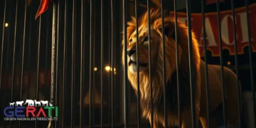 Tierquälerei: PETA gegen Circus Krone – Zwischen berechtigter Kritik und altbekannter Polemik? 18 Das Bild zeigt einen majestätischen Löwen in einem schwach beleuchteten, engen Käfig, der sowohl Anmut als auch Anzeichen von Stress ausstrahlt. Umgeben von bunten, abgenutzten Zirkusbannern und der unscharfen Silhouette eines Zirkuszeltes im Hintergrund, vermittelt die Szene eine bedrückende und nachdenkliche Stimmung. Diese Darstellung illustriert die Spannung zwischen der faszinierenden Zirkuswelt und den ethischen Bedenken, die von Tierschutzorganisationen hinsichtlich der Tierquälerei geäußert werden.
